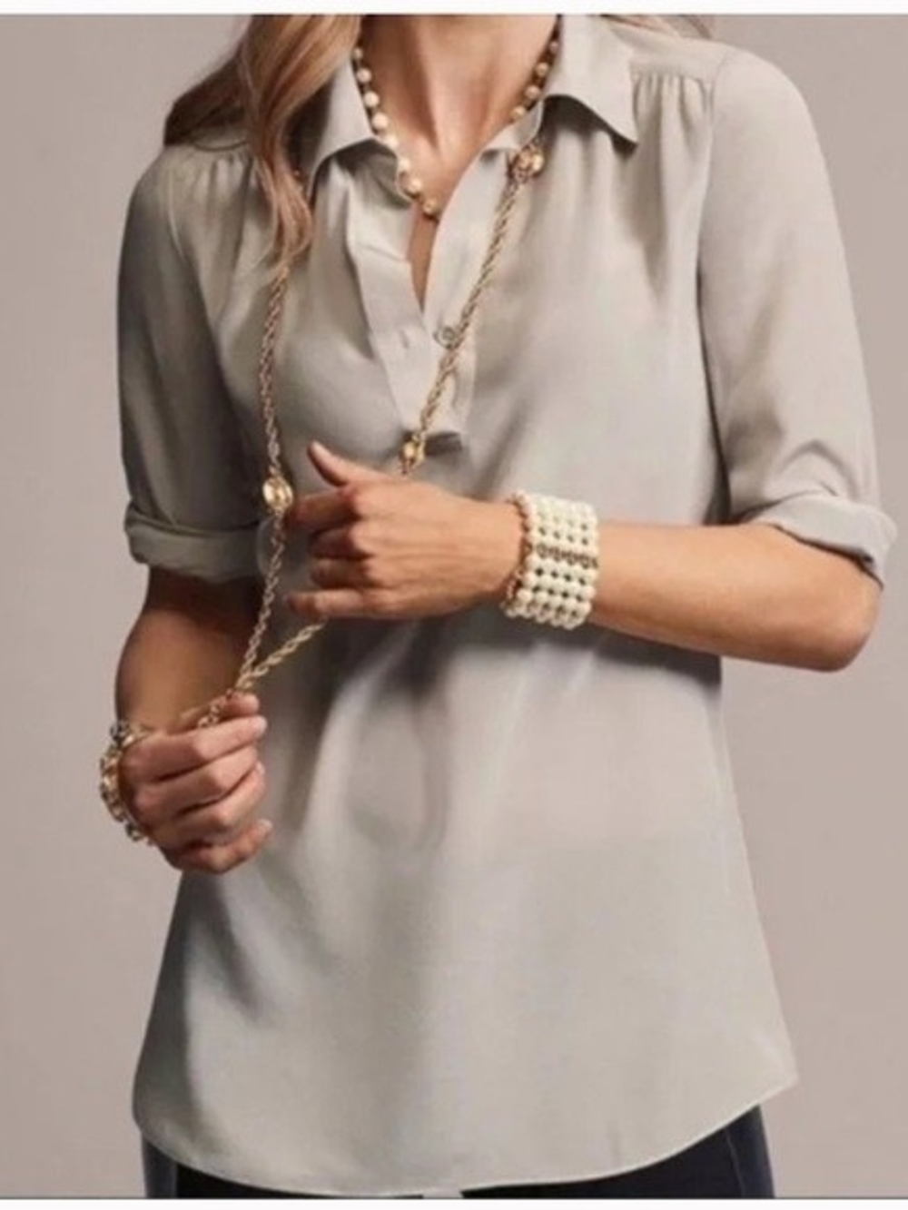 CAbi Light Cream Button-Front Collared Blouse